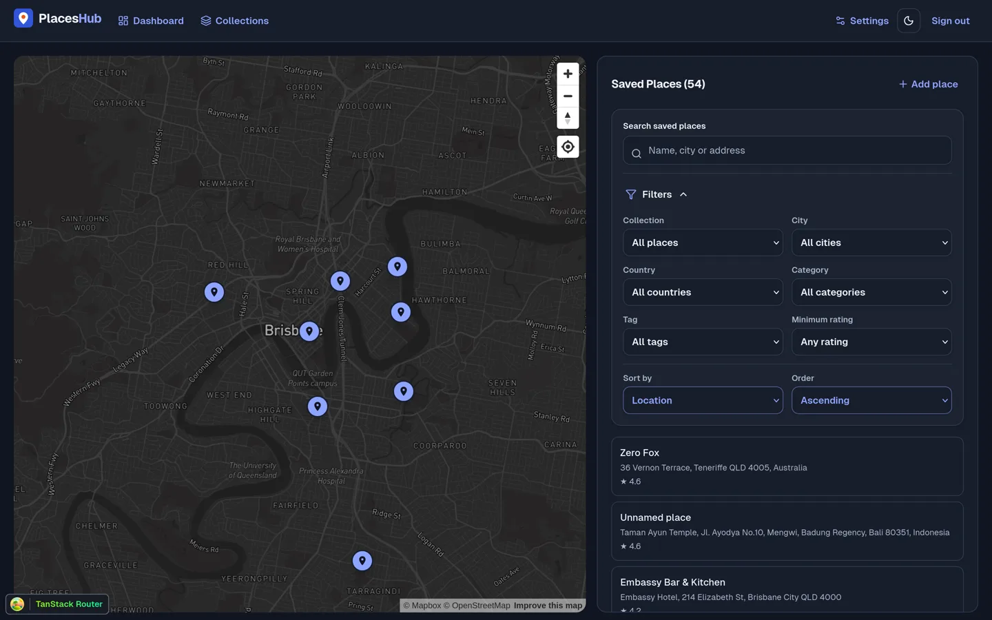 PlacesHub dashboard showing saved places beside a map with location pins.