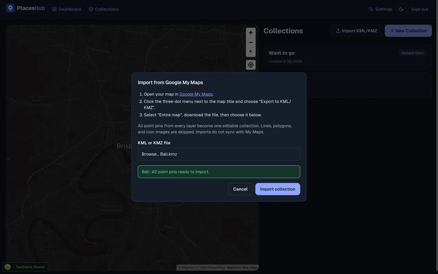 PlacesHub import dialog showing a Google My Maps KMZ ready to become a collection.